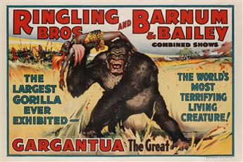 DESIGNER UNKNOWN. RINGLING BROS AND BARNUM & BAILEY / GARGANTUA THE GREAT. 1938. 28x42 inches, 71x106 cm. Strobridge Litho. Co., Cincin